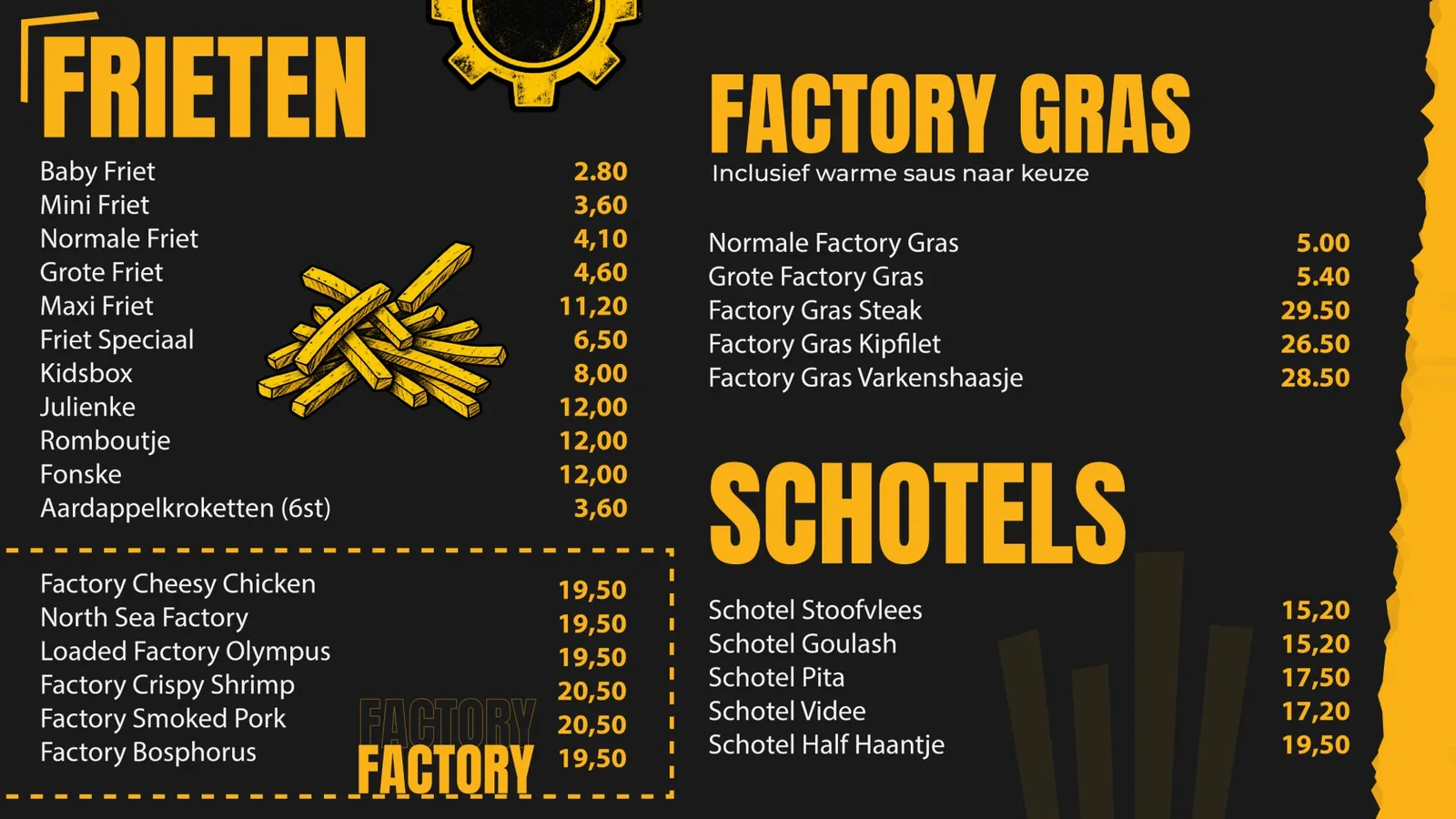 Digitaal menubord van De Friet Factory met frieten, factory gras en schotels, gemaakt door MenuHelden